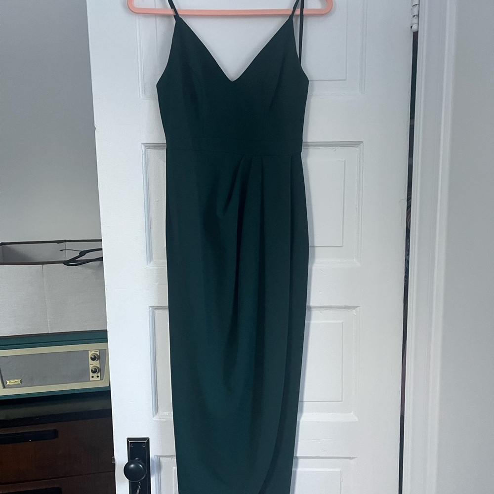 BHLDN dark green spaghetti strap tulip shaped dress, no alterations, like new